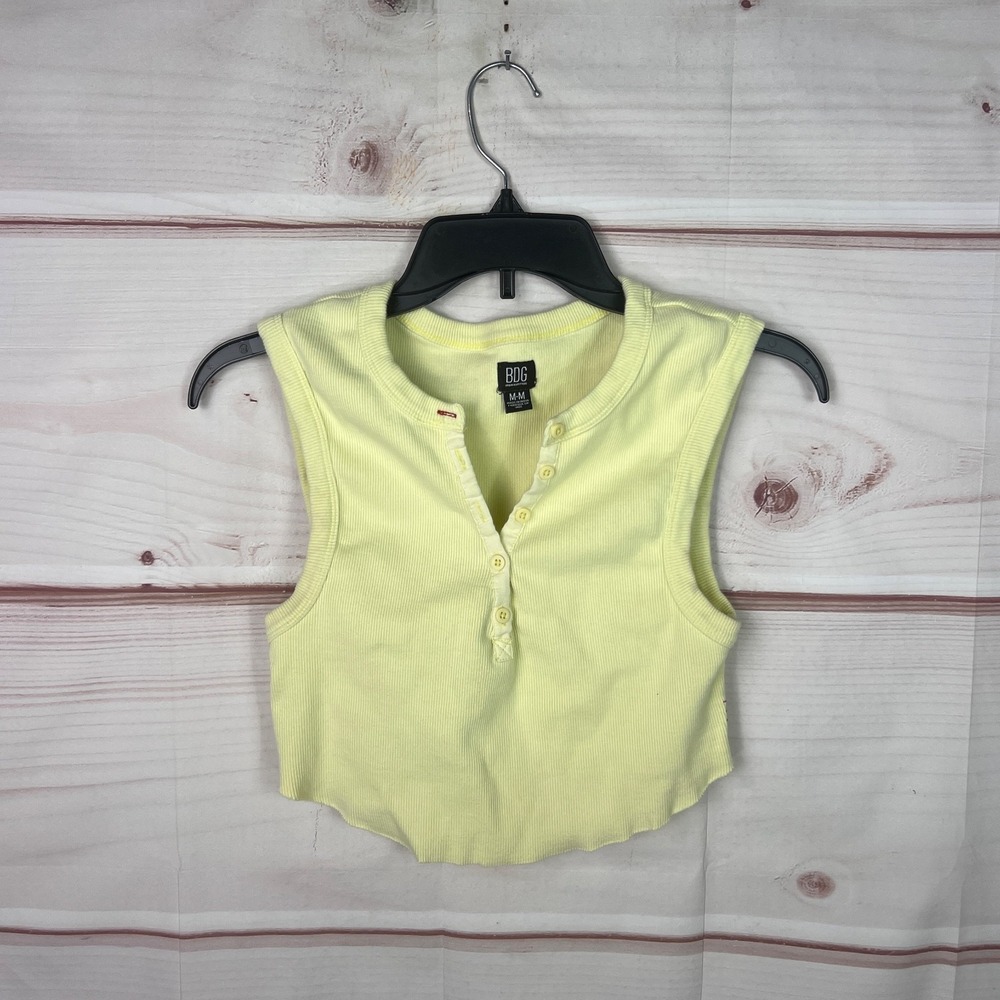 BDG Top Womens M Yellow Ribbed Knit‎ Tank Cropped Sleeveless Henley Neck Solid